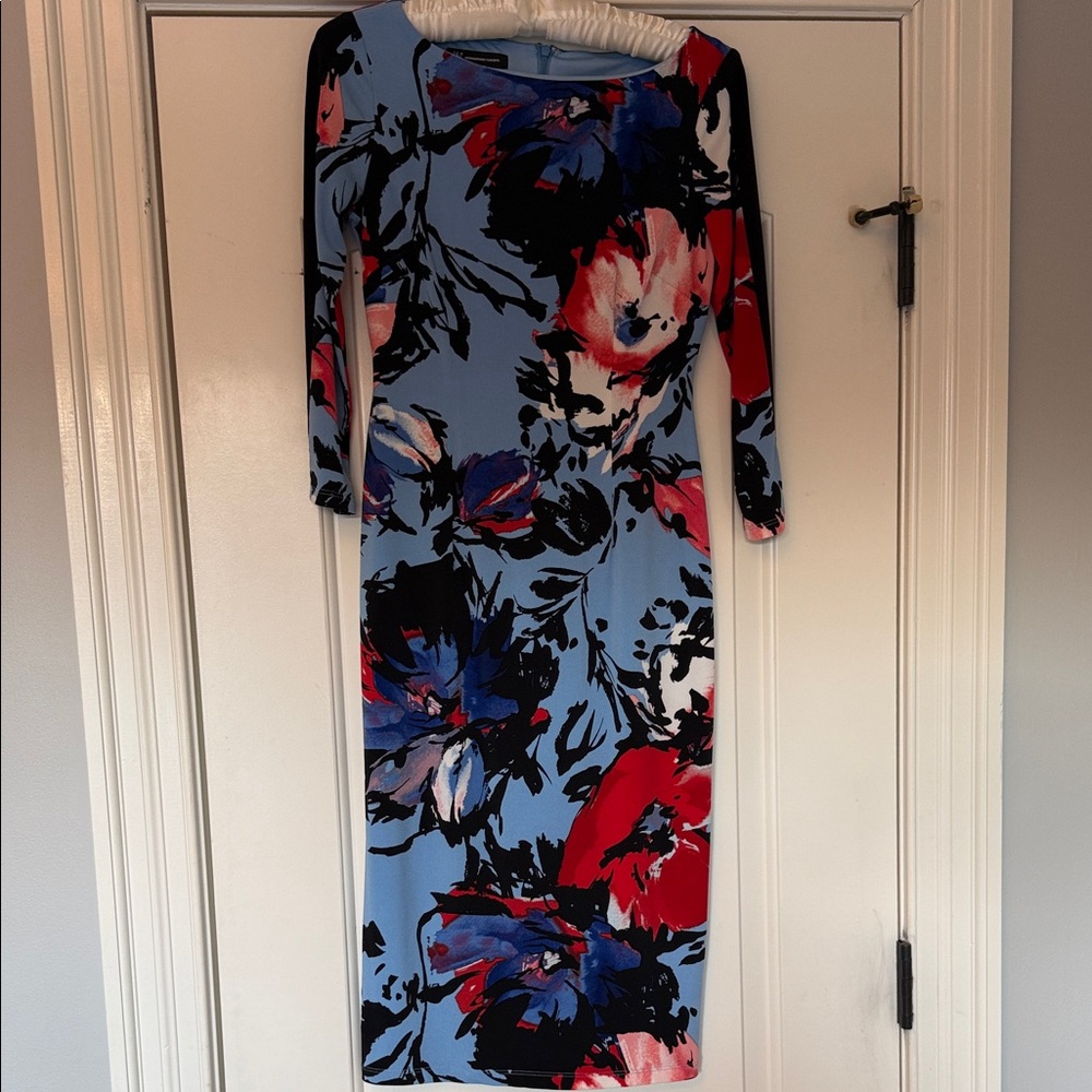 INC International Concepts Blue and Red Floral 3/4 Sleeve Dress